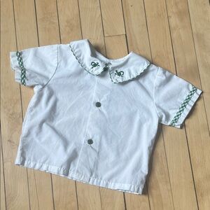 Vintage Toddler white shirt with watering can green embroidery and gingham 18 mo